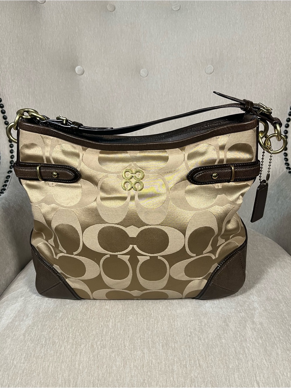Coach Vintage Shoulder Bag in Khaki and Brown with Signature Jacquard
